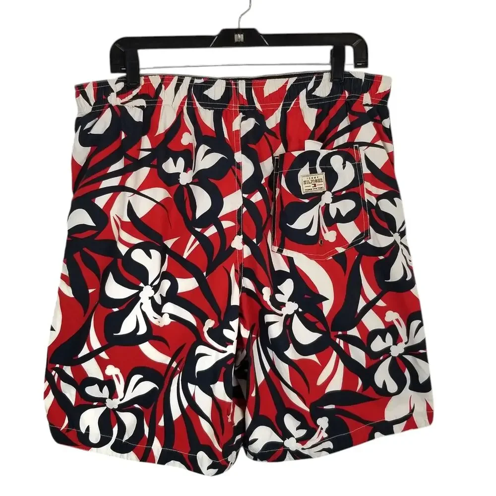 Tommy Hilfiger Men's Mesh Lined Swim Trunks Board Shorts Red White Blue Large